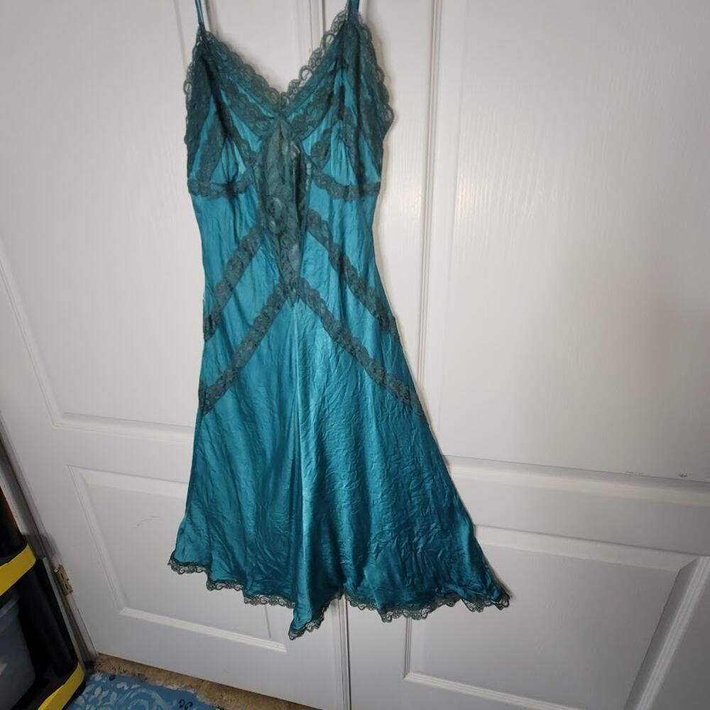 Vintage Turquoise Teal Silk Beaded Halter Slip Dress Size Medium - Picture 5 of 7